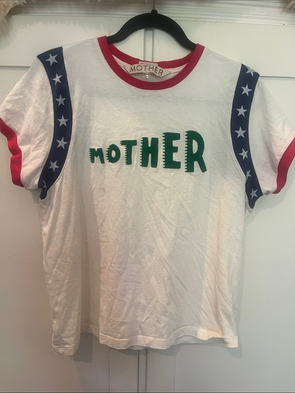 MOTHER White Tee with Green Logo and Navy Star Sleeves